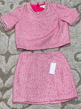 Lilly Pulitzer 2 Piece Boucle Set Pink Palms Kels Mini Skirt & Boucle Top Size 0